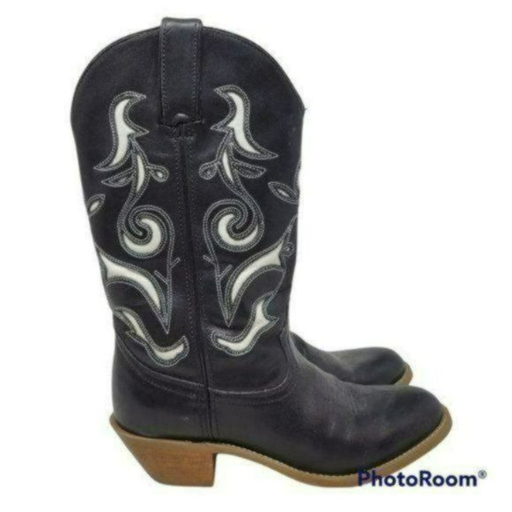 DURANGO Leather Inlaid Cowboy Boots Black White Walking Heel Women's Size 6M - Picture 2 of 8